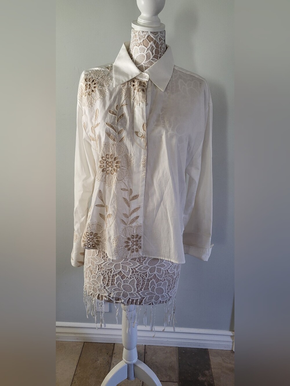 Parker Cream Button-Down Blouse with Gold Floral Embroidery
